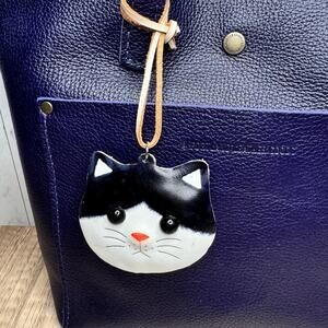 Genuine Leather Black Cat Charm Leather Hand Painted Kitty Cat Purse Charm